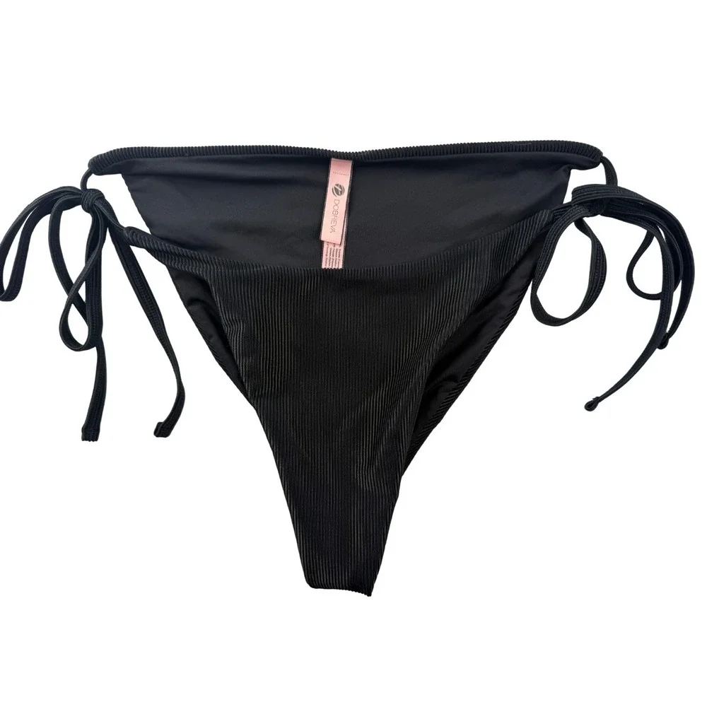 NWT Dobreva Black Ribbed Triangle Bikini Set Women's M‎ 8-10 Tie Side Swim